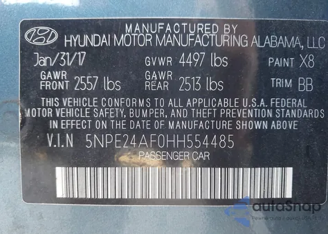 2017 Hyundai Sonata Se z USA, uszkodzony, nr VIN 5NPE24AF0HH554485